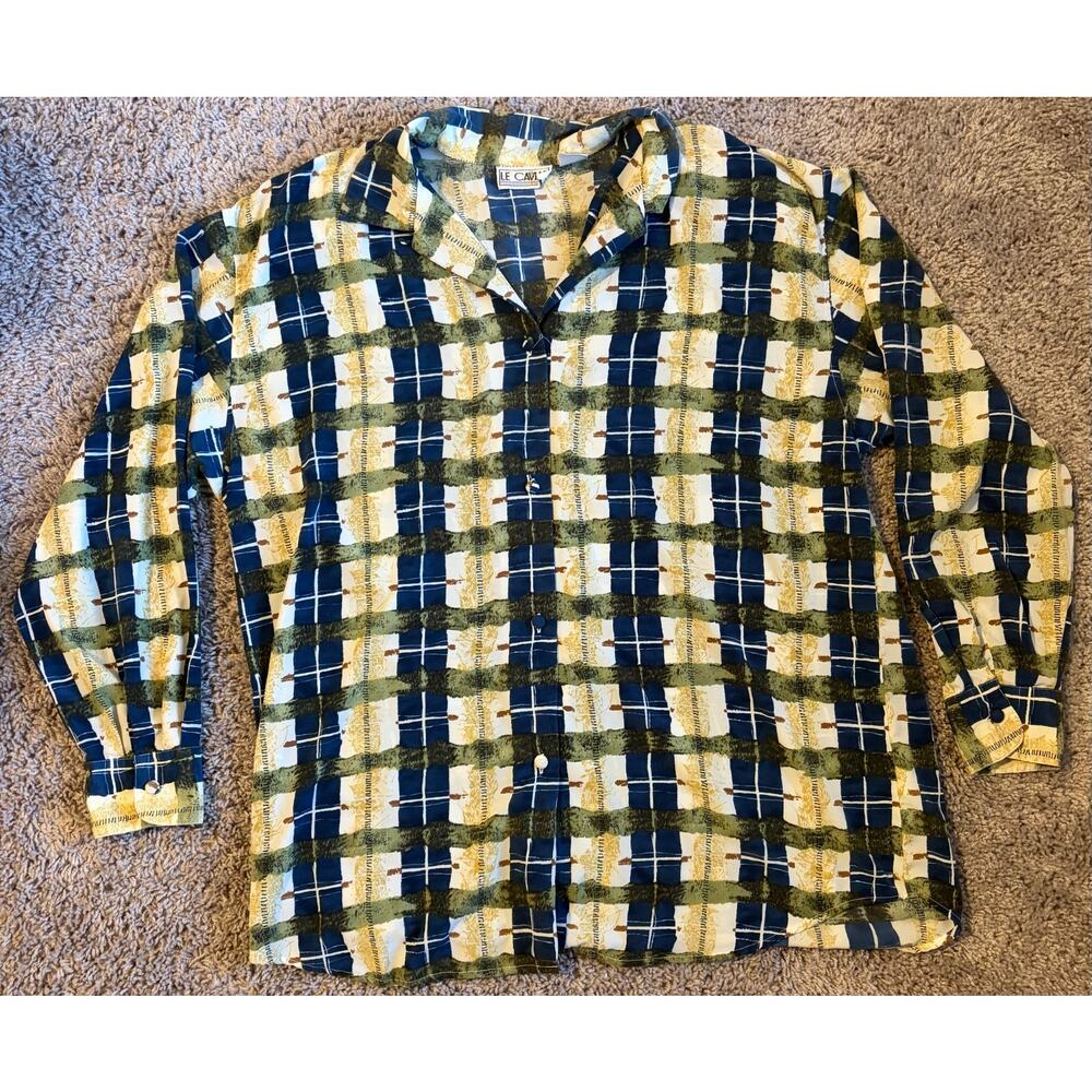 Le Caviar Blouse Shirt Women's Multicolor Plaid Long Sleeve Classic - Large